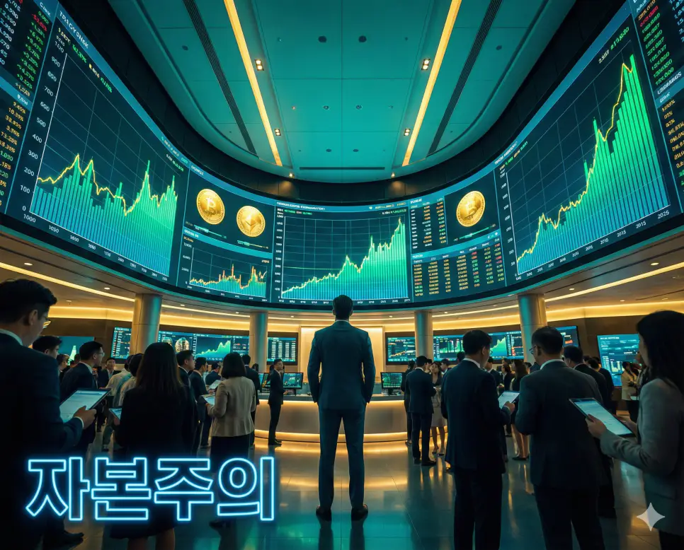 자본주의 뜻인 사유 재산제를 바탕으로 이윤 추구를 목적으로 하는 시장 중심의 경제 체제를 상징적으로 표현한 이미지