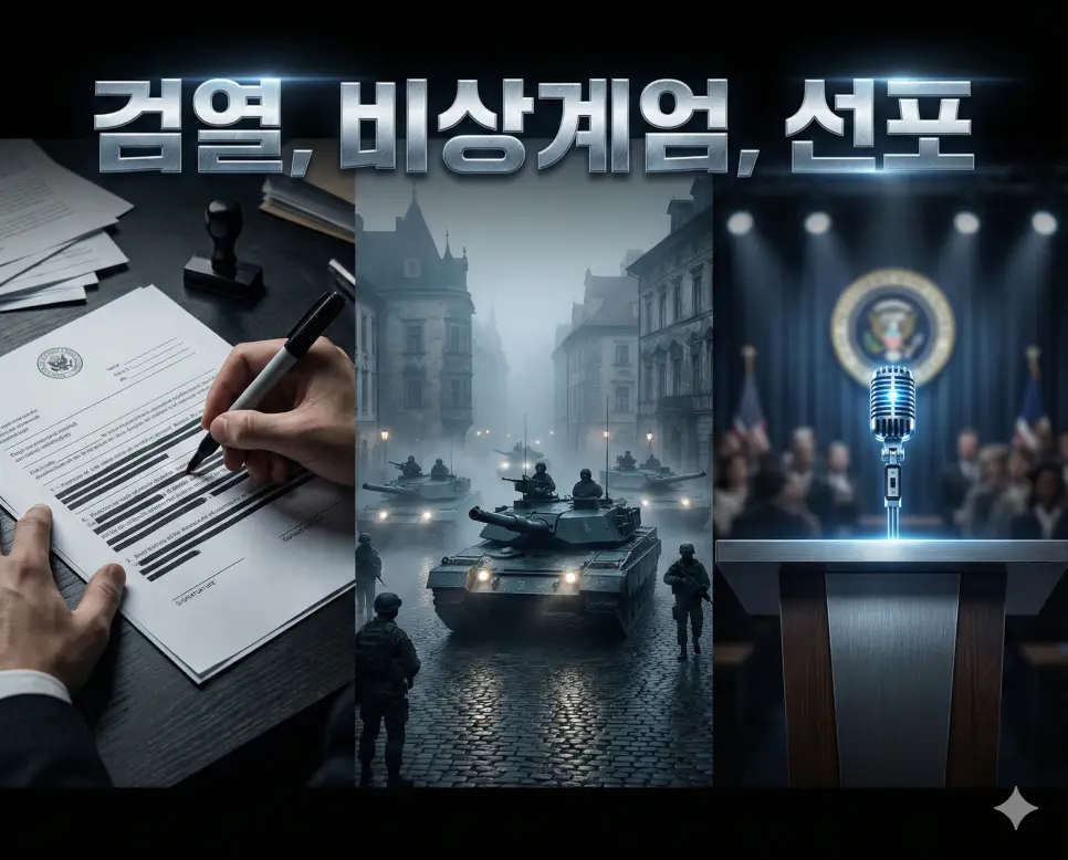 검열, 비상계엄, 선포의 개념과 국가 비상 상황을 세련된 구도로 통합한 종합 가이드 이미지