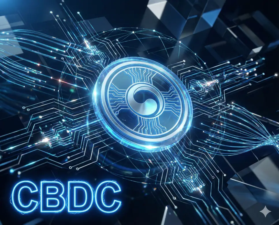 CBDC 뜻을 보여주는 중앙은행 발행 디지털 화폐와 미래형 금융 네트워크를 형상화한 이미지