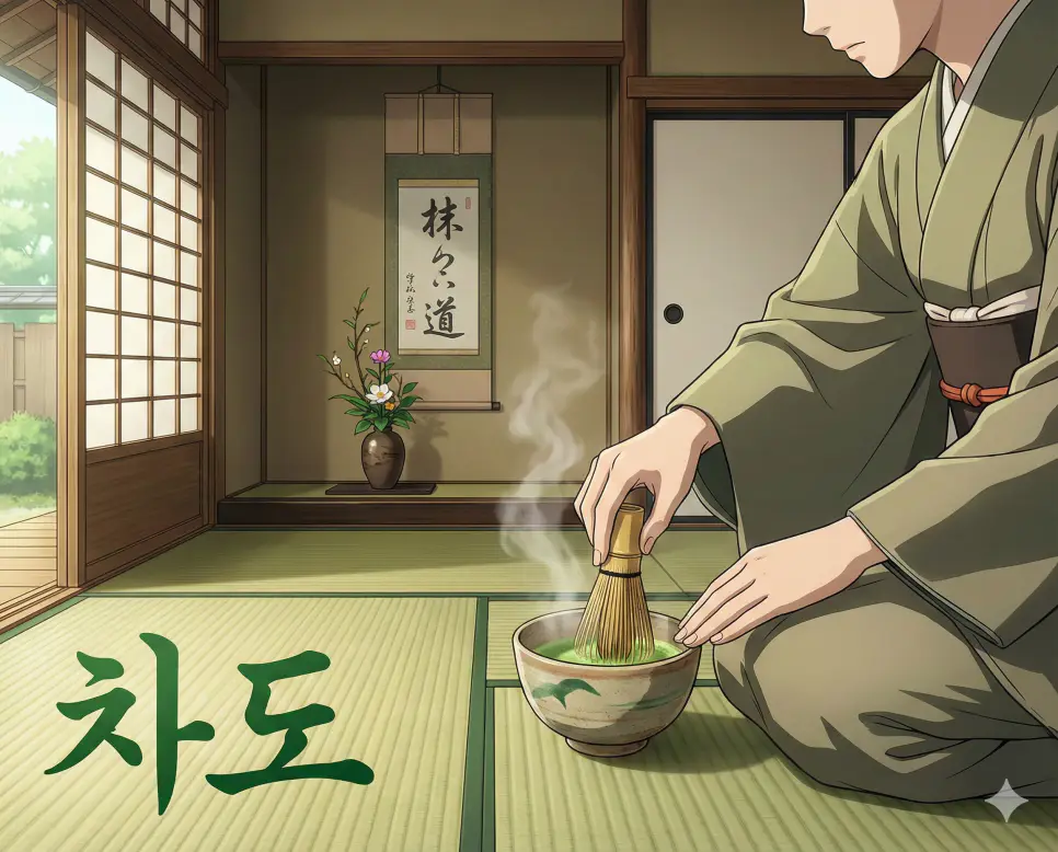 일본의 전통 다도 문화를 뜻하는 차도 뜻과 말차 한 잔의 정취를 담은 애니메이션 이미지