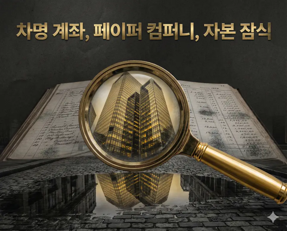 차명 계좌, 페이퍼 컴퍼니, 자본 잠식의 개념을 통해 기업과 금융 리스크를 설명하는 종합 가이드 이미지