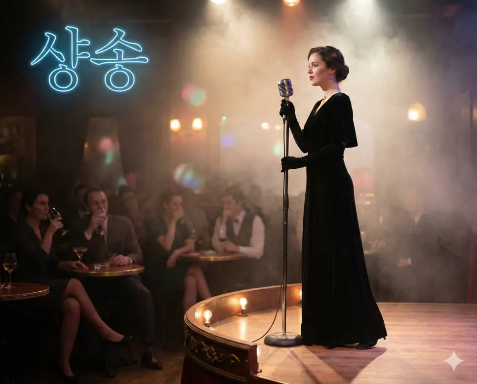 파리의 낭만적인 밤, 무대 위에서 감미로운 노래를 부르는 가수의 모습을 통해 프랑스 대중음악 샹송의 감성을 표현한 사진