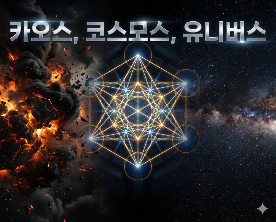 카오스, 코스모스, 유니버스의 개념과 우주의 흐름을 세련된 구도로 통합한 종합 가이드 이미지