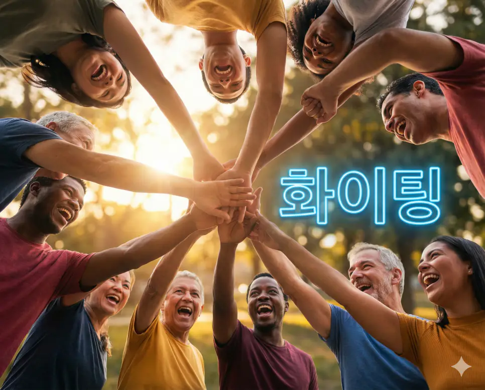 함께 손을 모으고 서로를 격려하는 밝은 표정의 사람들을 통해 긍정적인 에너지와 응원의 메시지인 화이팅의 의미를 담은 이미지