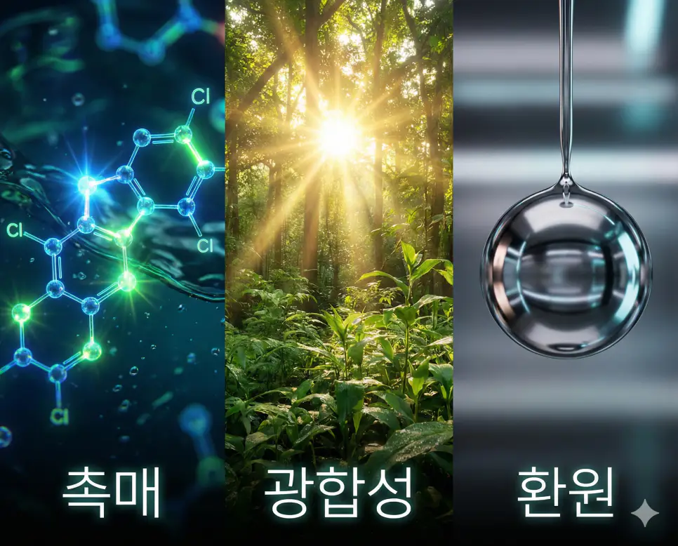 촉매의 활성, 광합성의 생명력, 환원의 변화를 통합적으로 보여주는 과학 원리 시각 자료