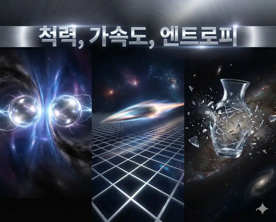 척력, 가속도, 엔트로피의 개념과 물리적 현상을 세련된 구도로 통합한 물리 과학 종합 가이드 이미지