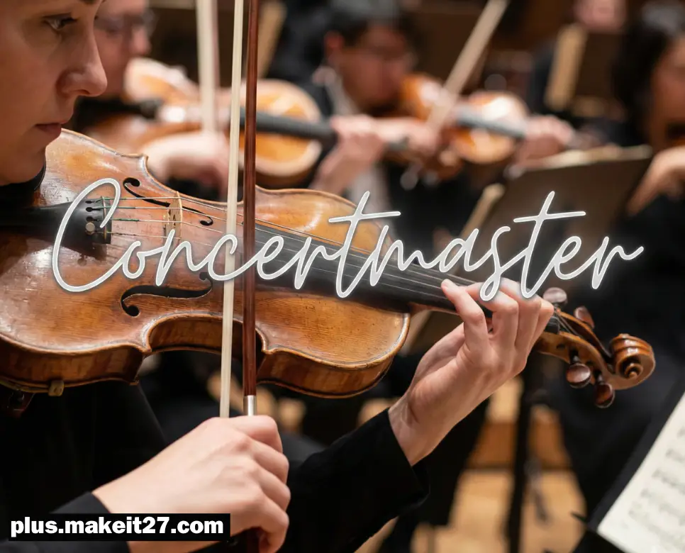 오케스트라의 음악적 리더로서 중심을 잡는 악장의 열중하는 모습과 세련된 영문 로고