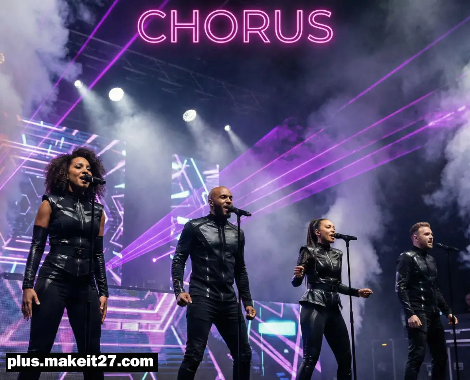 화려한 팝 무대 뒤편에서 풍성한 사운드를 더하는 코러스 팀의 모습과 감각적인 영문 로고