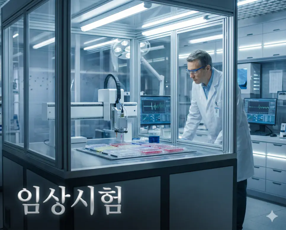 신약이나 치료법의 안전성과 효과를 사람을 대상으로 검증하는 임상시험의 전문적인 현장 이미지