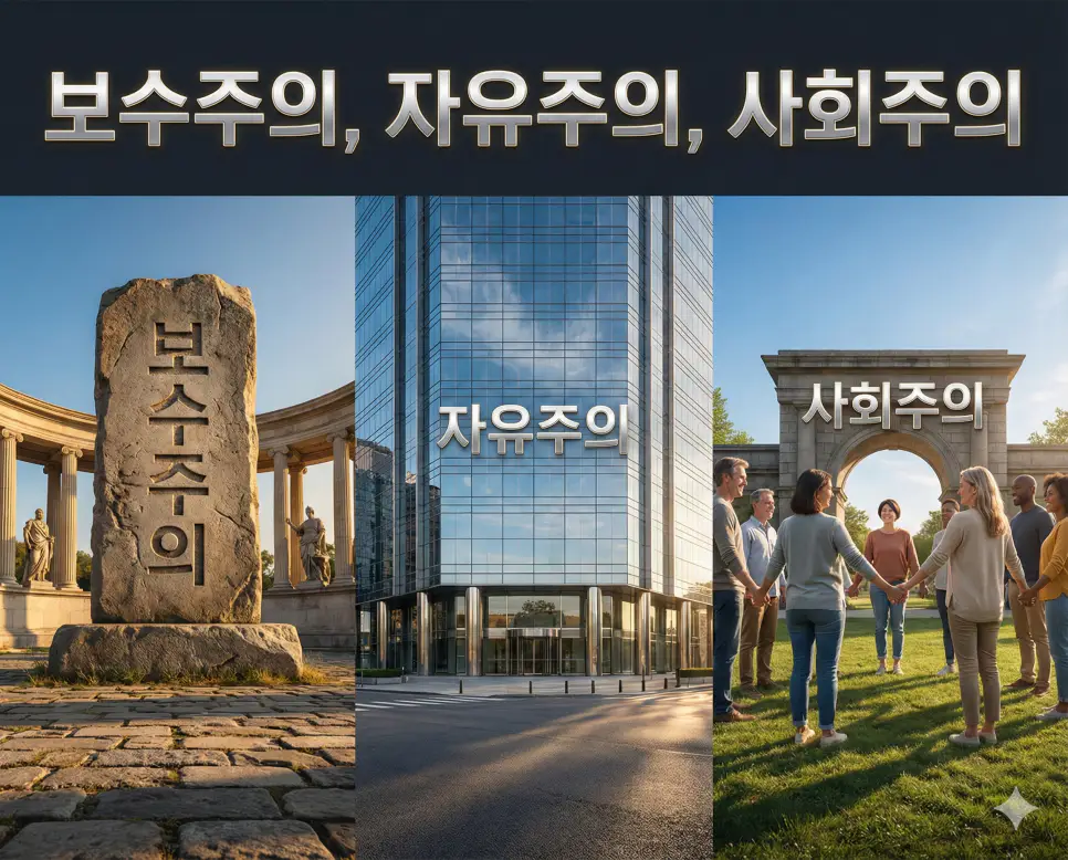 보수주의, 자유주의, 사회주의의 개념과 그 철학적 대비를 세련된 구도로 통합한 종합 가이드 이미지