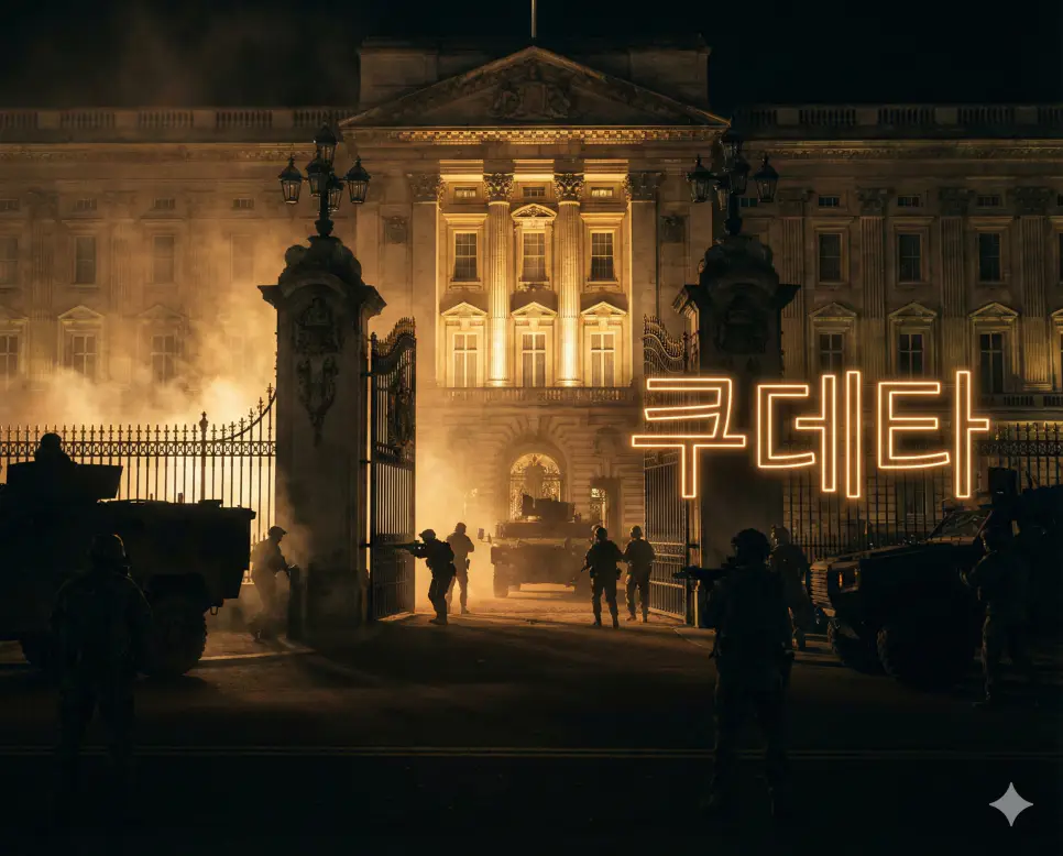 쿠데타 뜻인 군부 등 지배층 내 무력이 불법적으로 정권을 빼앗는 행위를 시각화한 실사 이미지