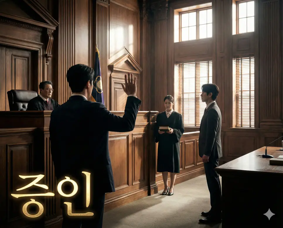 법원이 심문을 하기 위해 소송 당사자 이외의 사람을 호출하여 진술을 듣는 증인 이미지