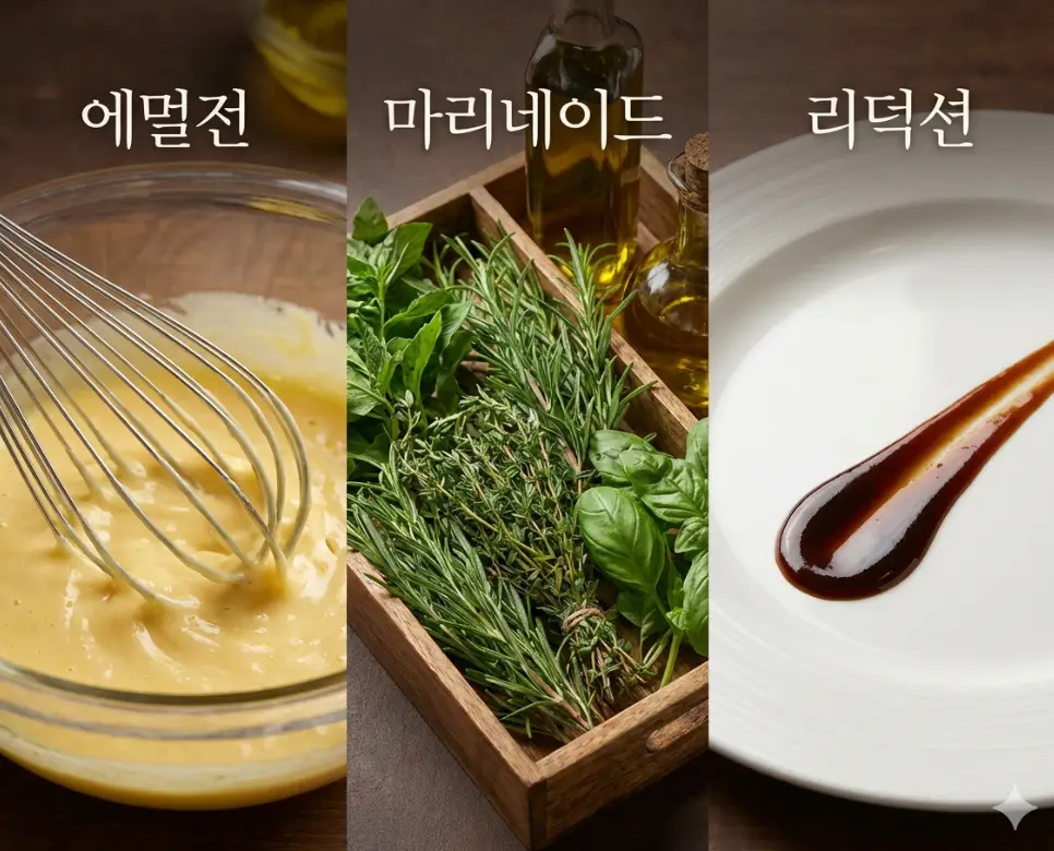 에멀전, 마리네이드, 리덕션 뜻을 한데 모아 소스의 질감과 맛의 깊이를 완성하는 전문적인 미식 기술의 조화