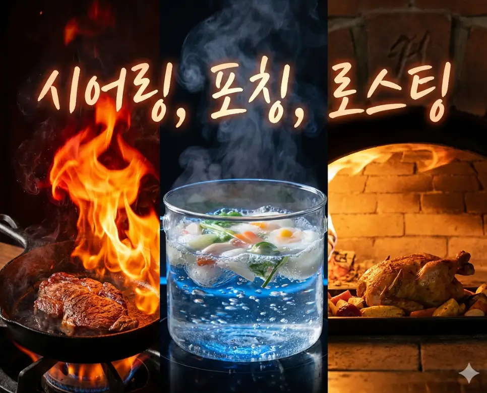시어링, 포칭, 로스팅 뜻을 한데 모아 불과 물, 공기를 다루는 전문적인 조리 기술을 표현한 종합 이미지