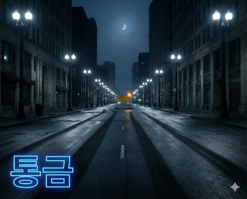 통금 뜻인 야간이나 비상시 특정 시간에 일반인의 통행을 금지하는 조치를 상징적으로 표현한 이미지