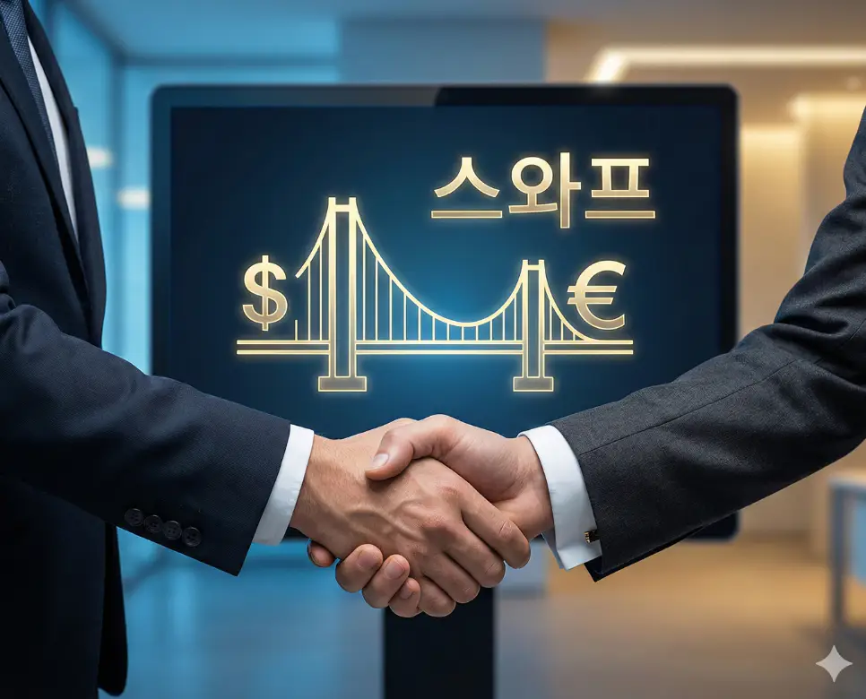 스와프 뜻이 담긴 국가 간 통화 협력을 통해 경제적 금융 방화벽을 구축하는 신뢰감 있는 장면