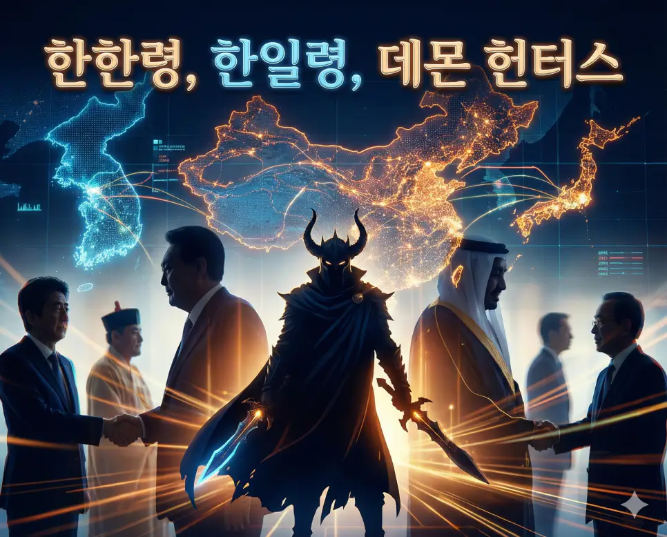 한한령, 한일령, 데몬 헌터스의 복합적인 의미를 담아낸 시사와 대중문화 융합 주제 이미지