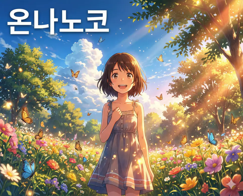 여자아이나 소녀를 의미하는 온나노코 뜻이 담긴 순수하고 귀여운 아이의 웃음을 담아낸 고퀄리티 애니메이션 작화 이미지입니다.