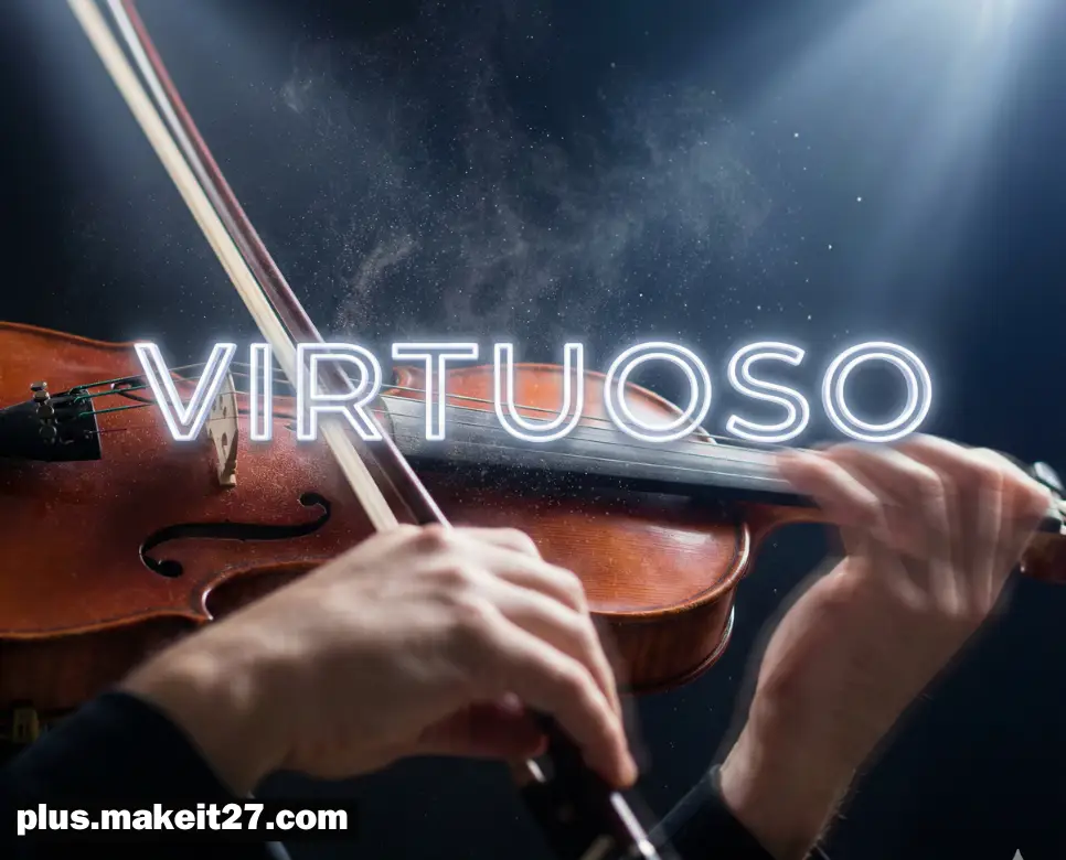 한계를 넘어서는 화려한 기교를 선보이는 비르투오소의 연주 장면과 세련된 영문 로고
