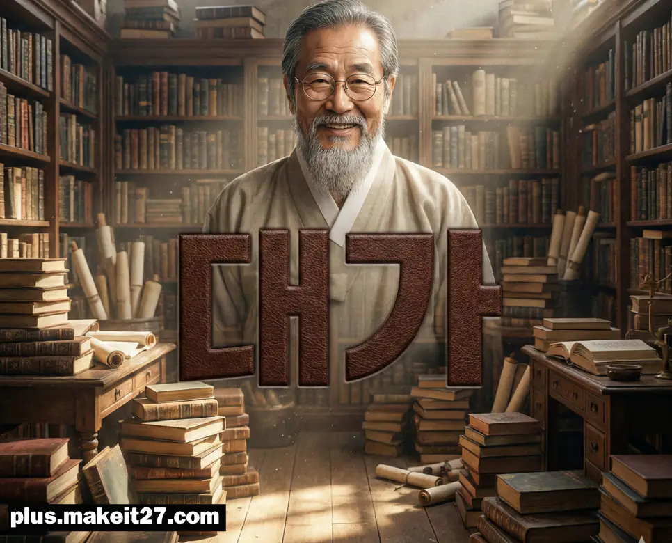 학문적 깊이가 느껴지는 도서관 배경과 무게감 있게 표현된 대가 한글 타이포그래피