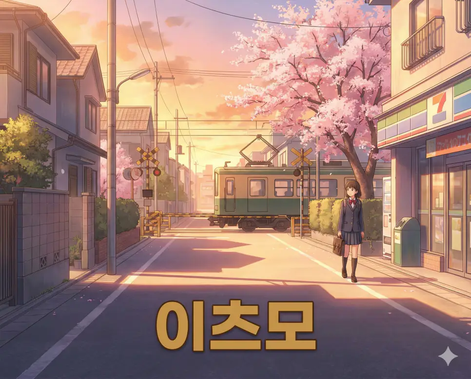 언제나 또는 늘 그렇듯이라는 의미를 가진 이츠모 뜻과 변함없는 일상의 정취가 잘 표현된 세련된 애니메이션 스타일의 이미지입니다.