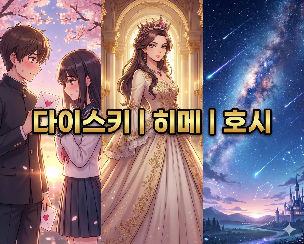 다이스키 뜻, 히메 뜻, 호시 뜻 등 사랑과 낭만을 담은 일본어 키워드를 한눈에 확인하기 좋게 정리한 통합 가이드 이미지입니다.