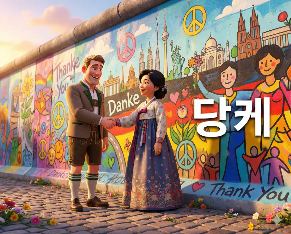 독일어로 진심 어린 고마움을 뜻하는 당케 뜻과 신뢰감 있는 소통의 모습을 표현한 따뜻한 스타일의 이미지