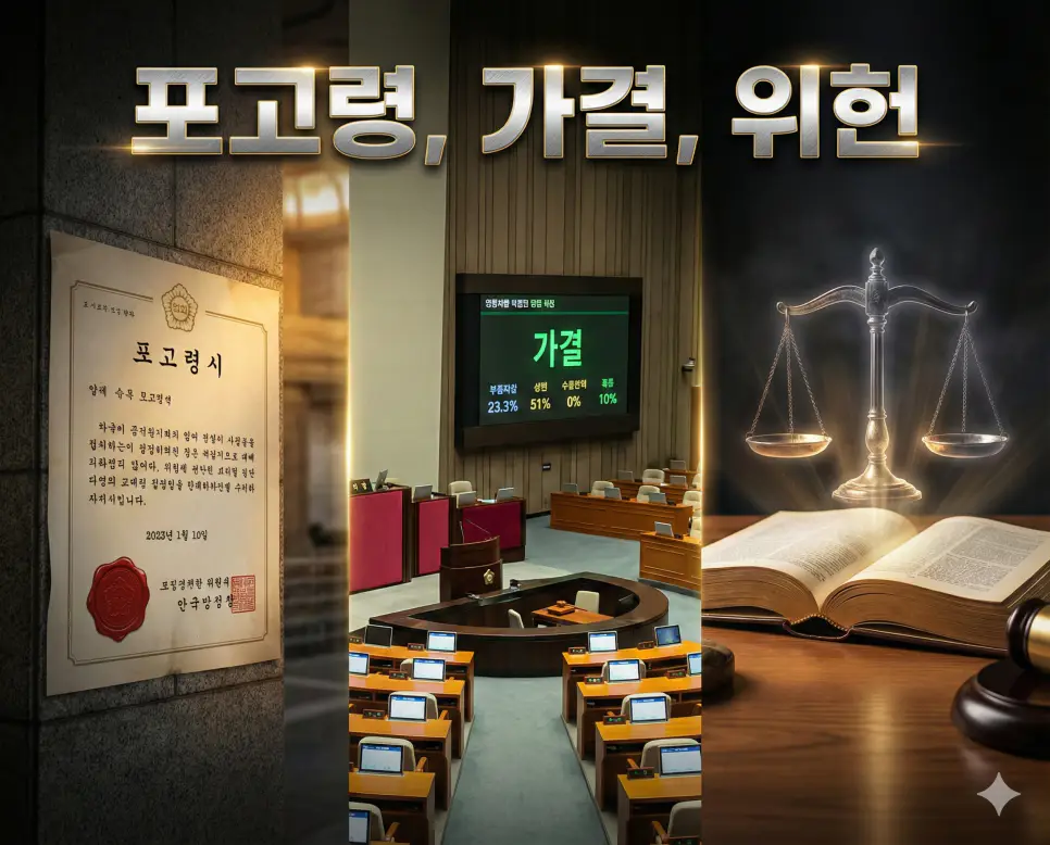 포고령, 가결, 위헌의 개념과 국가 통치 및 법적 절차들을 세련된 구도로 통합한 종합 가이드 이미지