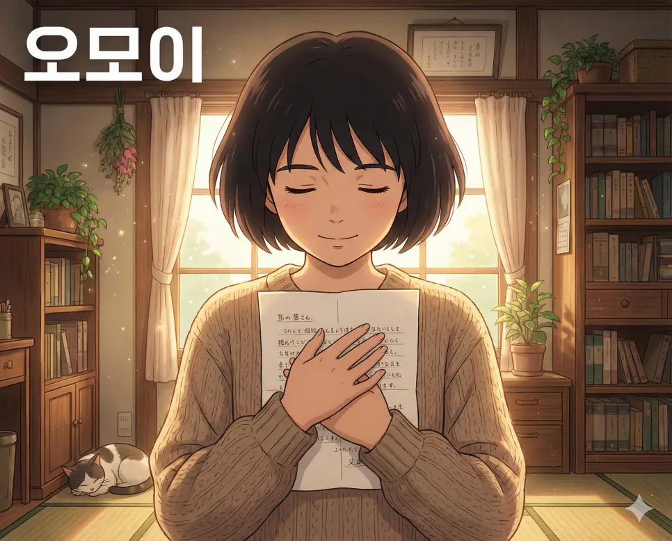 생각이나 마음 혹은 간절한 소망을 의미하는 오모이 뜻이 담긴 진심 어린 감정의 순간을 표현한 고퀄리티 애니메이션 작화 이미지입니다.