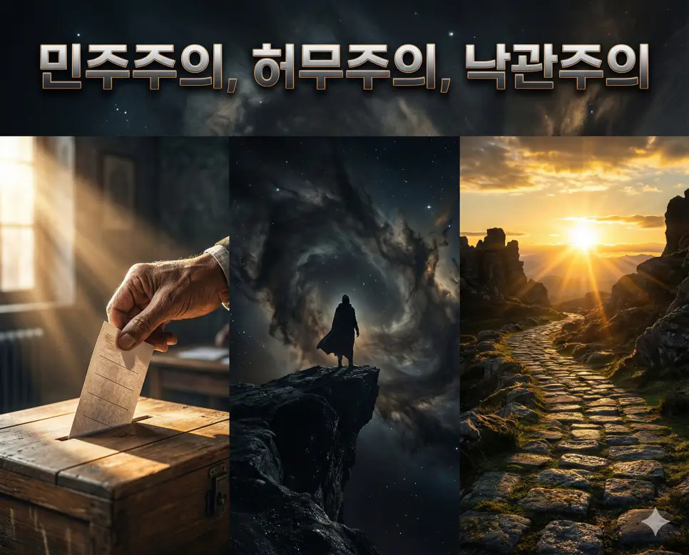 민주주의, 허무주의, 낙관주의의 개념과 그 철학적·정치적 대비를 세련된 구도로 통합한 종합 가이드 이미지