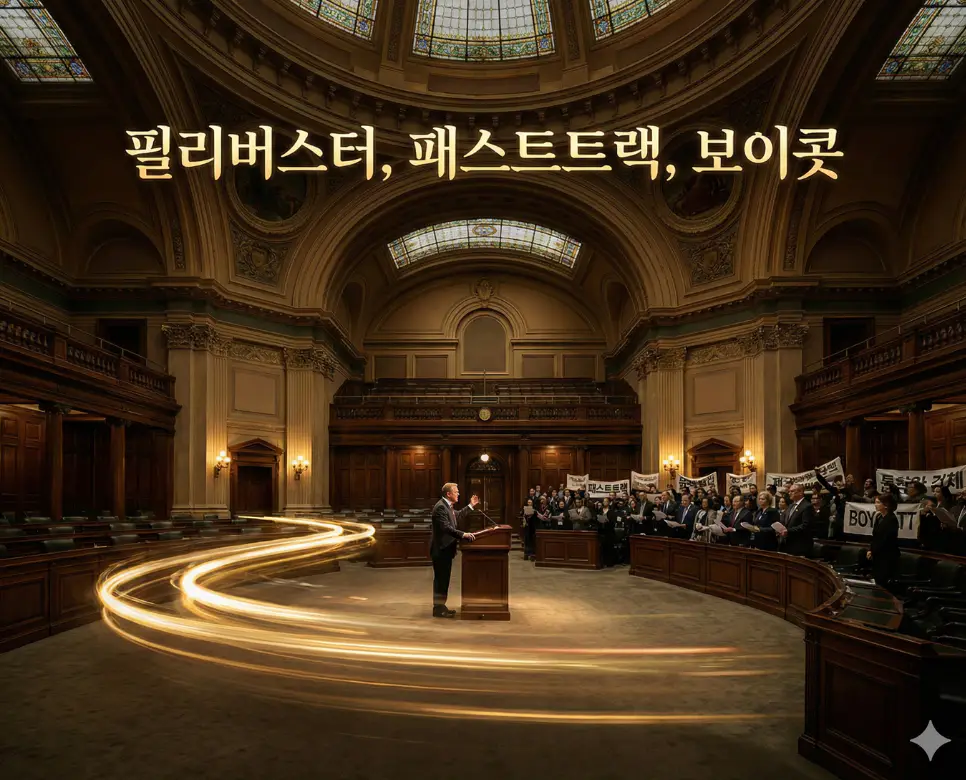 필리버스터, 패스트트랙, 보이콧 뜻을 한눈에 보여주는 민주주의와 전략의 조화로운 종합 이미지