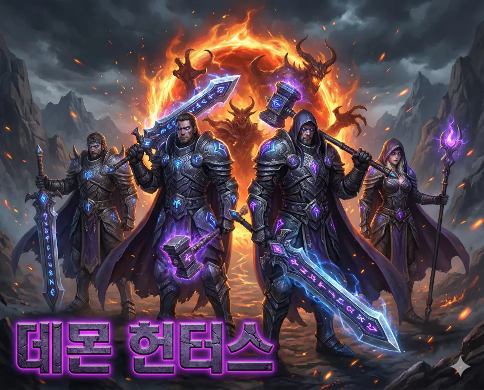 데몬 헌터스 뜻이 담긴 어둠의 세력에 맞서는 판타지 전사들의 화려하고 역동적인 일러스트