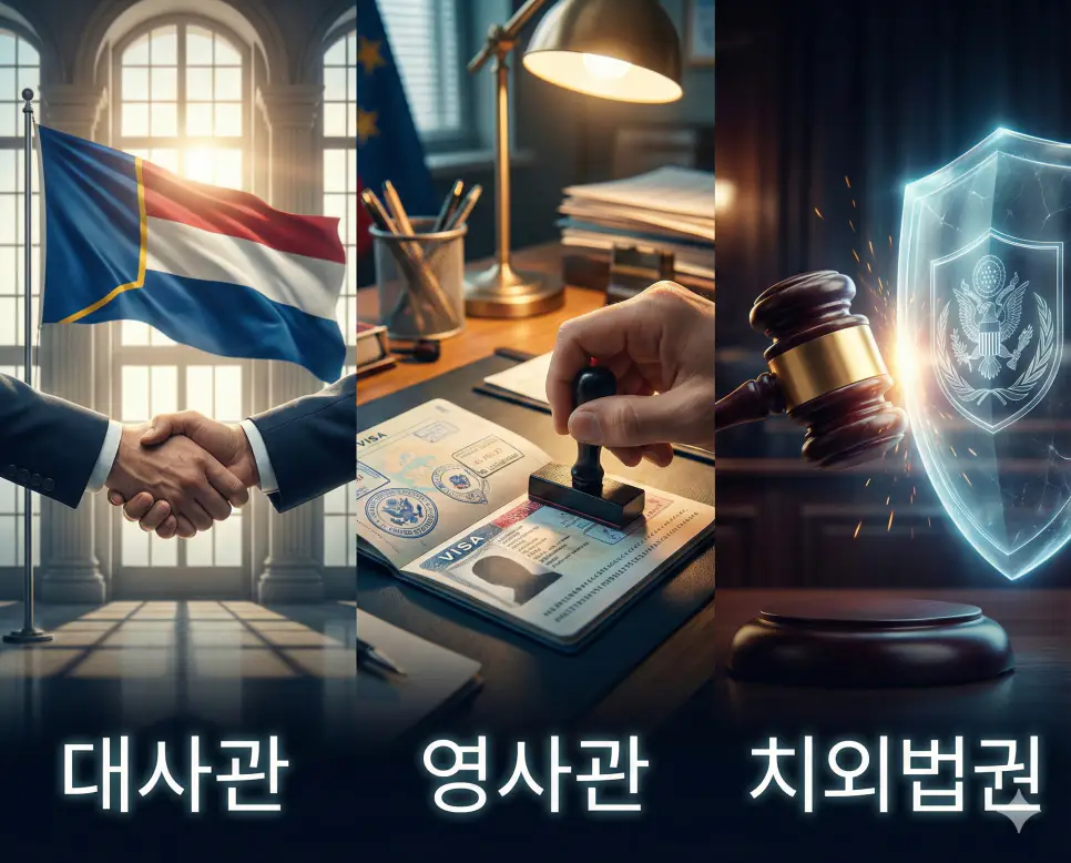 대사관의 외교, 영사관의 민원, 치외법권의 특권을 통합적으로 보여주는 시각 자료