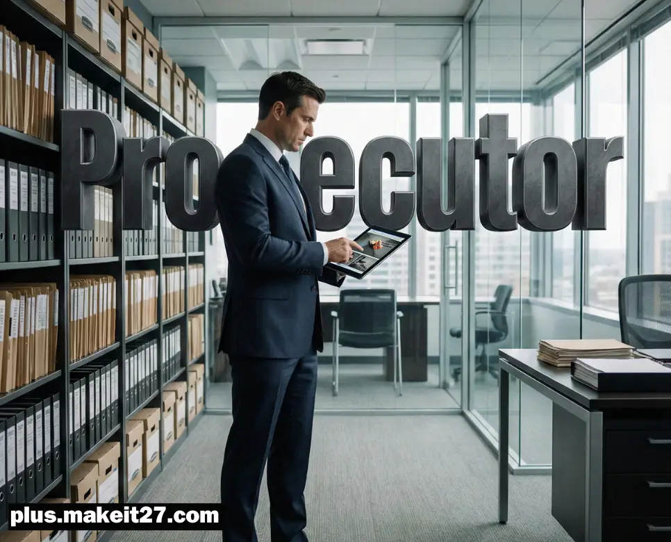 실체적 진실을 규명하고 사회 정의를 수호하는 검사의 카리스마 있는 모습과 강렬한 영문 타이포그래피