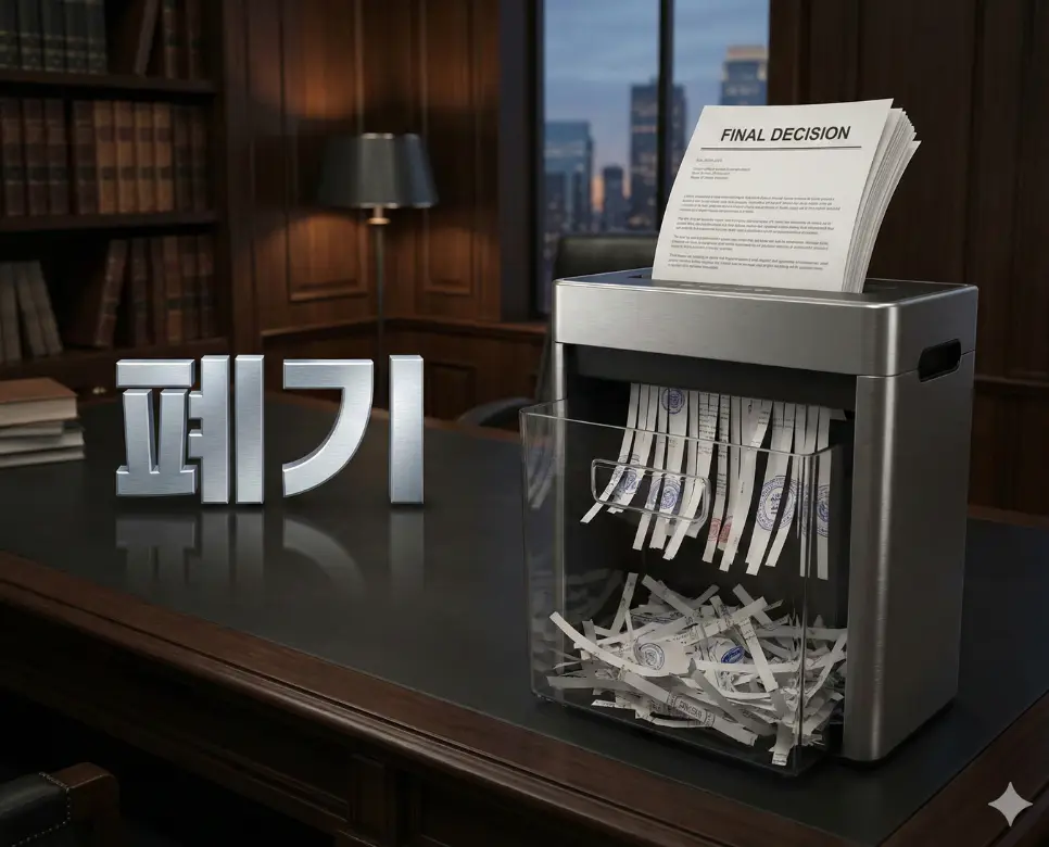 폐기 뜻이 담긴 논의 끝에 채택되지 못한 안건이 사라지는 과정을 상징적으로 표현한 이미지