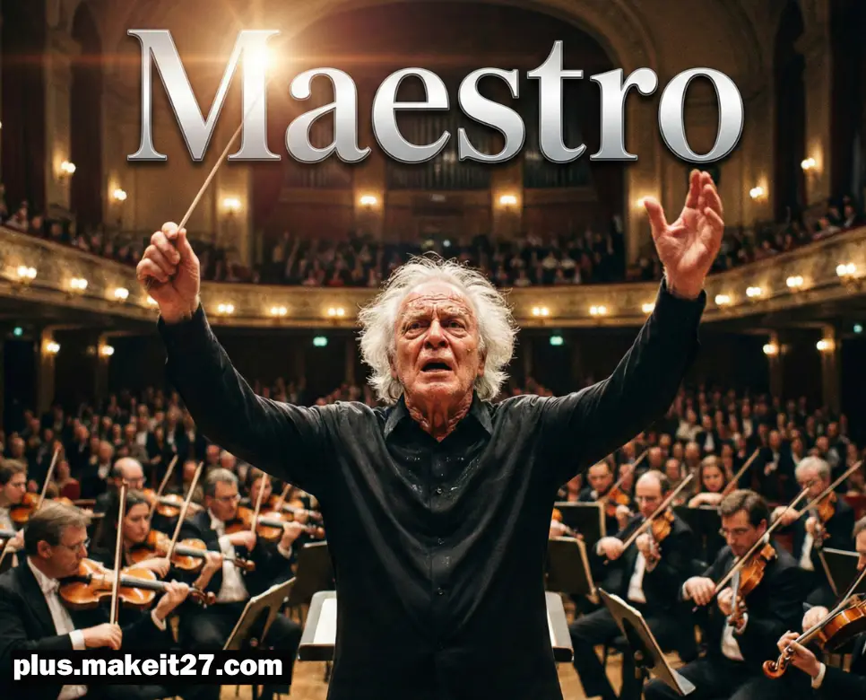 오케스트라를 열정적으로 지휘하는 마에스트로의 뒷모습과 품격 있는 영문 로고 이미지