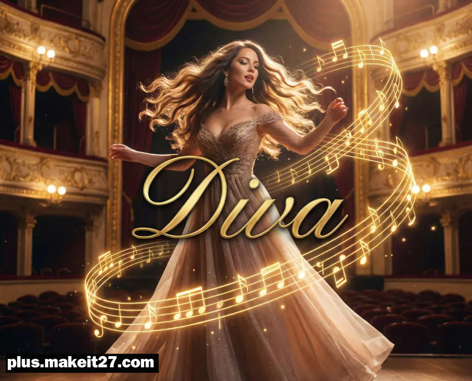 아르누보 스타일로 화려하고 예술적이게 표현된 디바 일러스트 이미지와 영문 디자인