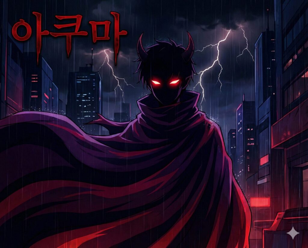 악마나 마귀를 의미하는 강렬한 단어인 아쿠마 뜻과 신비로운 특징을 잘 보여주는 세련된 애니메이션 스타일의 이미지입니다.