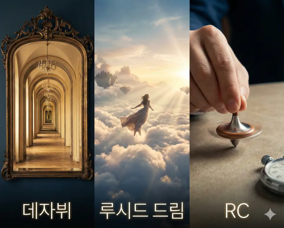 데자뷔의 기시감, 루시드 드림의 통제력, RC의 자각 과정을 통합적으로 보여주는 시각 자료