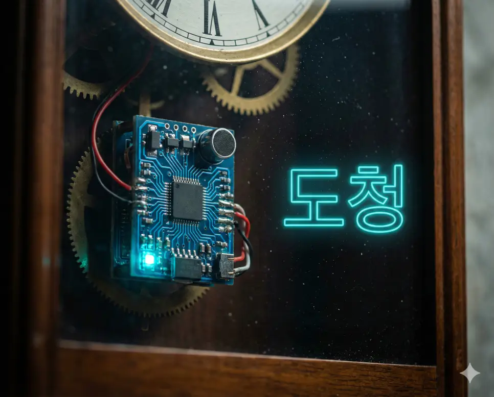 상대방의 허락 없이 몰래 대화를 엿듣는 불법적 행위인 도청을 묘사한 이미지