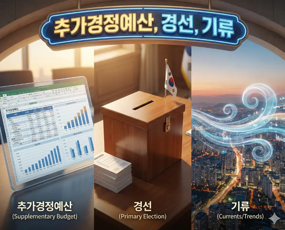 추가경정예산, 경선, 기류 뜻을 한데 모아 국가 경제와 정치, 사회적 흐름을 표현한 종합 이미지