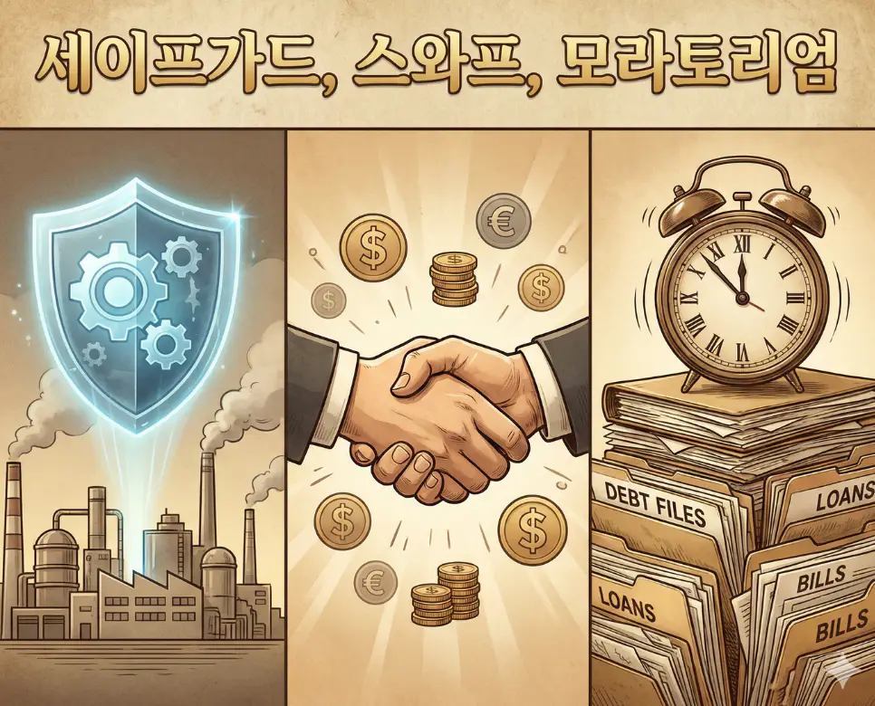 세이프가드, 스와프, 모라토리엄 뜻을 한데 모아 국가 경제 위기에 대응하는 다양한 안전장치를 표현한 종합 이미지