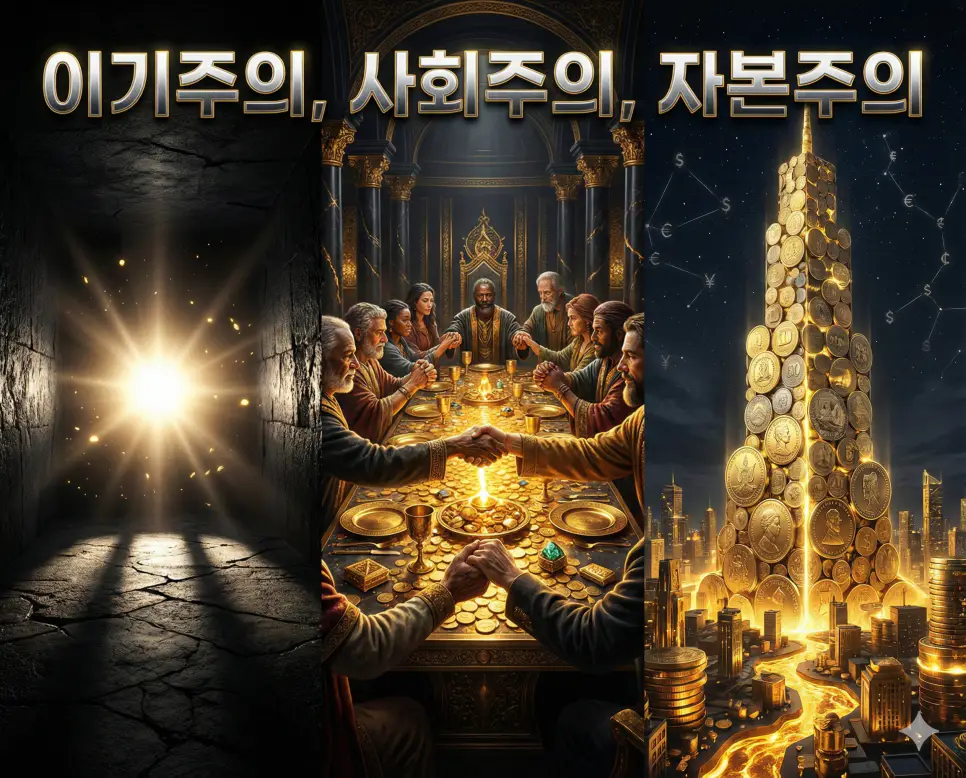 이기주의, 사회주의, 자본주의의 개념과 그 사상적 대비를 세련된 구도로 통합한 종합 가이드 이미지