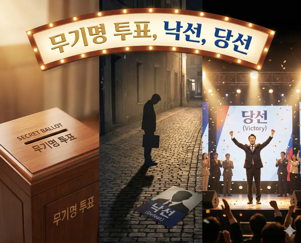 무기명 투표, 낙선, 당선 뜻을 한데 모아 선거의 긴장감과 결과의 희비를 표현한 종합 이미지