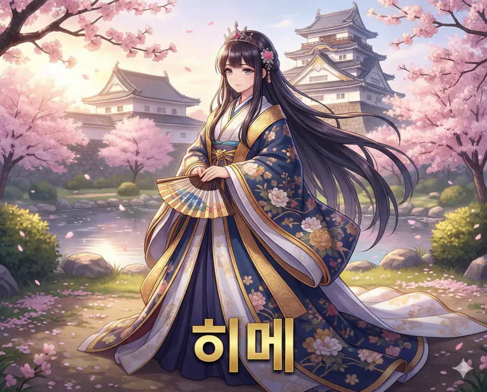 공주나 귀한 신분의 여성을 의미하는 히메 뜻과 고귀한 분위기가 잘 표현된 세련된 애니메이션 스타일의 이미지입니다.