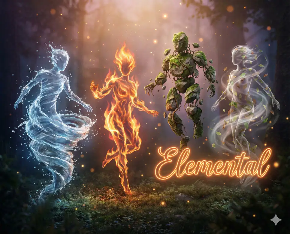 엘리멘탈 뜻인 자연의 원소로 이루어진 근원적인 힘이나 정령을 시각화한 이미지