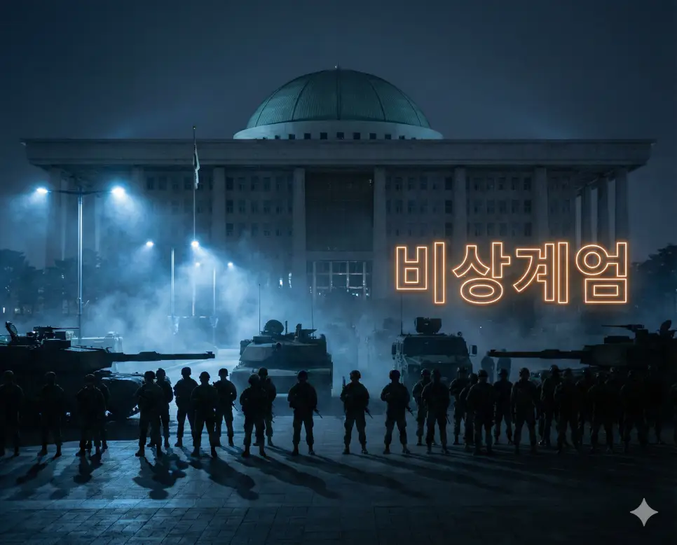 비상계엄 뜻인 전시나 사변 시 군이 행정·사법의 전권을 장악하는 최고 단계의 계엄을 시각화한 실사 이미지