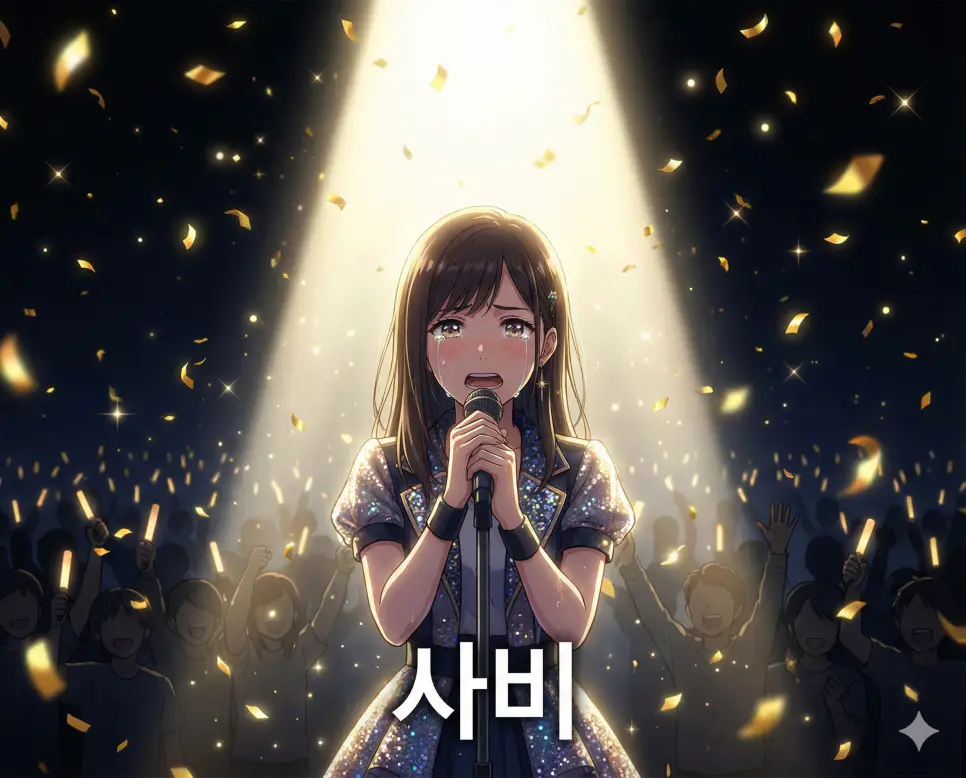 노래의 가장 흥겨운 부분이나 하이라이트를 의미하는 사비 뜻이 담긴 화려한 무대 위 절정의 순간을 표현한 애니메이션 스타일 이미지입니다.