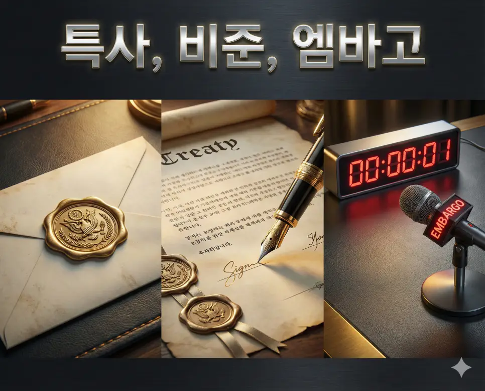 특사, 비준, 엠바고의 개념과 외교 및 보도 절차를 세련된 구도로 통합한 종합 가이드 이미지