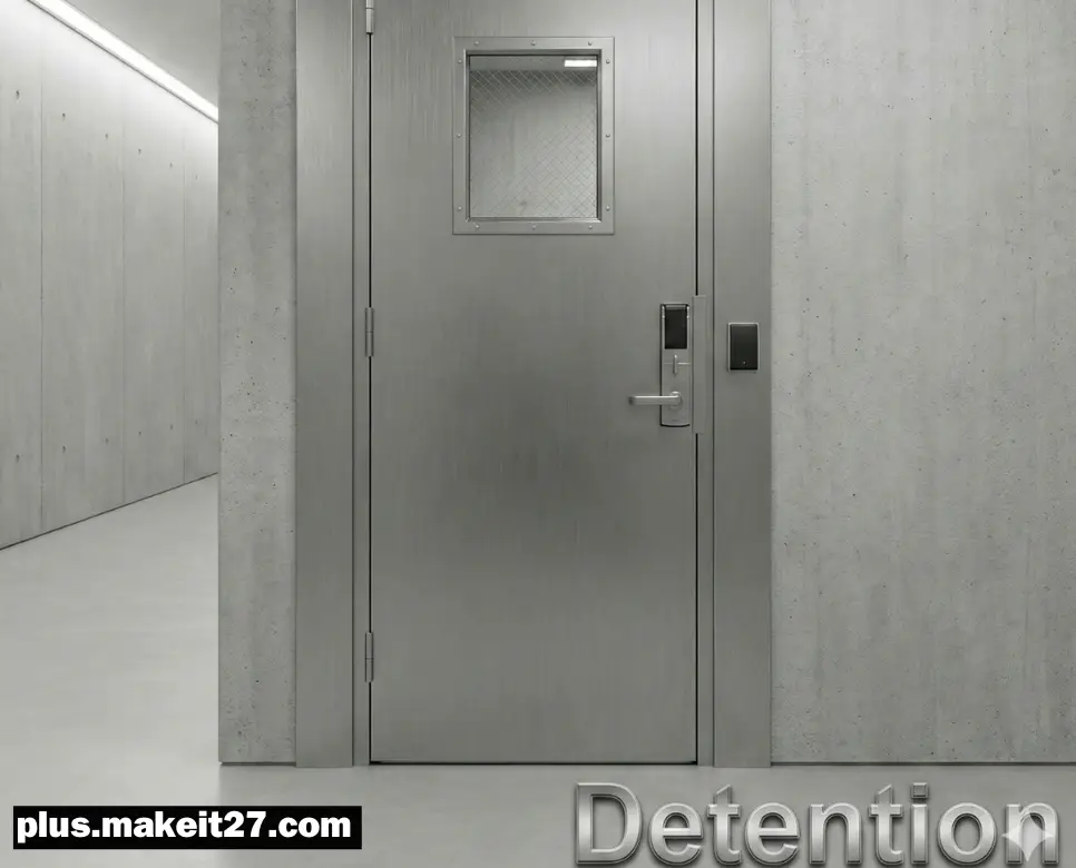 법적 절차에 따른 구금을 상징하는 정돈된 시설 모습과 감각적인 로고